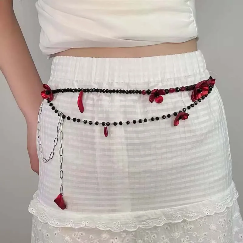 Women Jewelry Accessories For Black Dress - Vintage Czerwony Kwiatowy Łańcuszek na Pas